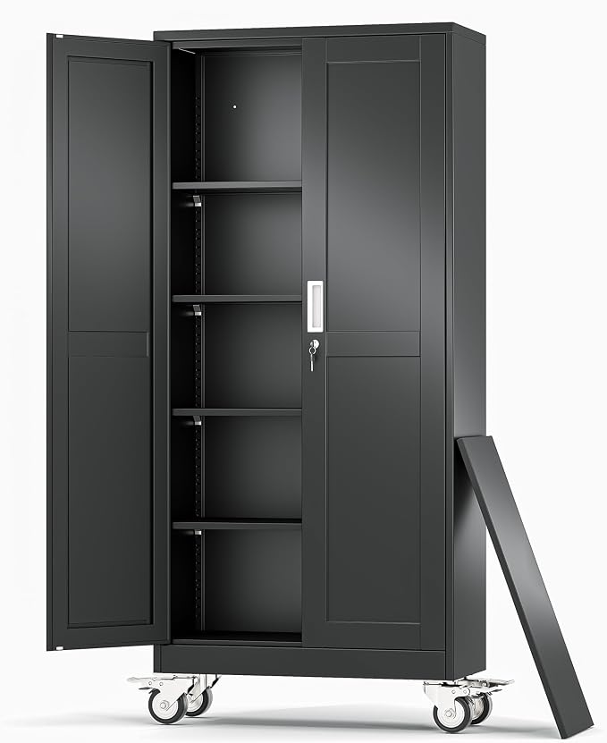 Metal Garage Storage Cabinets and storage system, 71”Tall Rolling utility cabinet with Wheels, Lock, 4 Adjustable Shelves, Heavy Duty Steel Tool Locker for Home Office, Utility Room, Gym,Black