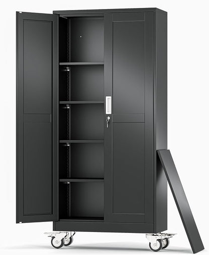 Metal Garage Storage Cabinets and storage system, 71”Tall Rolling utility cabinet with Wheels, Lock, 4 Adjustable Shelves, Heavy Duty Steel Tool Locker for Home Office, Utility Room, Gym,Black