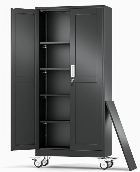 Metal Garage Storage Cabinets and storage system, 71”Tall Rolling utility cabinet with Wheels, Lock, 4 Adjustable Shelves, Heavy Duty Steel Tool Locker for Home Office, Utility Room, Gym,Black