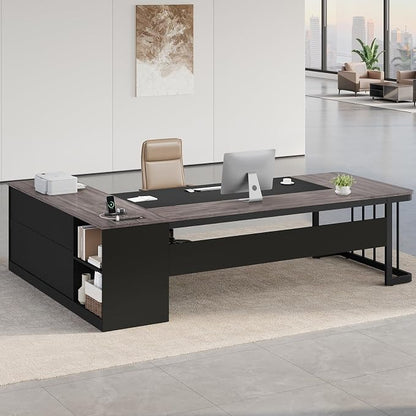 UPOSOJA 78.7" Executive Desk, Large Office Desk with Drawers & Storage Shelves, Modern L Shaped Computer Desk Corner Desk with Power Outlets, File Cabinet, Business Furniture Desk Workstation (Grey)