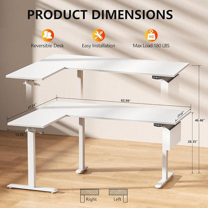 Korfile L Shaped Electric Standing Desk,63 Inch Adjustable Height Sit to Stand Corner Desk with Memory Presets, Reversible Computer Table for Home Office, Work and Study, White