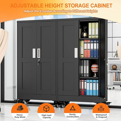 pozdeg 45.6" Metal Garage Storage Cabinets with Wheels, Lockable Rolling File Cabinets with 2 Doors and 3 Adjustable Shelves, Steel Tool Organizer Locker for Office Home Garage Gym School, Black