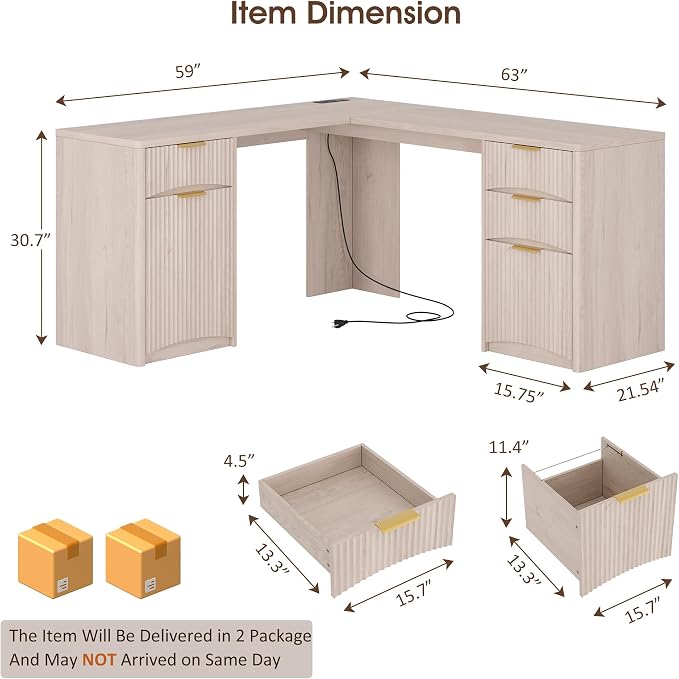 Whalefall 63'' Fluted L Shaped Desk with Drawers, White Alder | Corner Computer Desk with Charging Station, Modern Executive Home Office L Desk with File Cabinet Storage