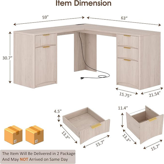 Whalefall 63'' Fluted L Shaped Desk with Drawers, White Alder | Corner Computer Desk with Charging Station, Modern Executive Home Office L Desk with File Cabinet Storage
