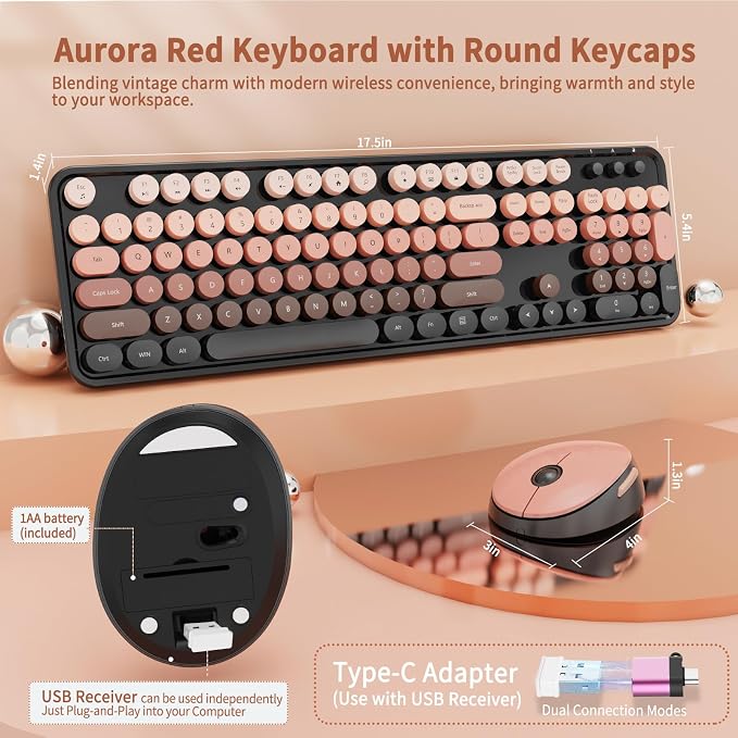 Nowlike Wireless Keyboard and Mouse Combo, Retro Typewriter Keyboard with Round Keycaps, Full-Size Ergonomic, Aurora Red, Ideal for Windows PC, Home, Office, and College