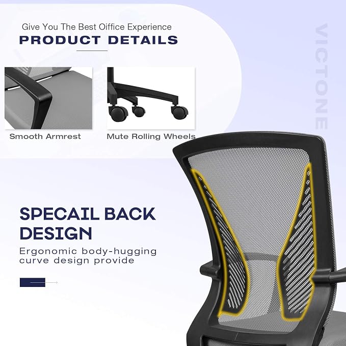 VICTONE Home Office Desk Chair Task Mid Back Mesh Office Chair Ergonomic Swivel Lumbar Support Desk Computer Chair (Gray)