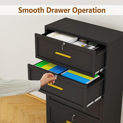 Metal Lateral File Cabinet with Lock,4 Drawer Steel Wide Filing Organization Storage Cabinets for Legal/Letter/A4/F4 Size with Hanging Files&Key,Lockable Printer Stand for Home Office, Black