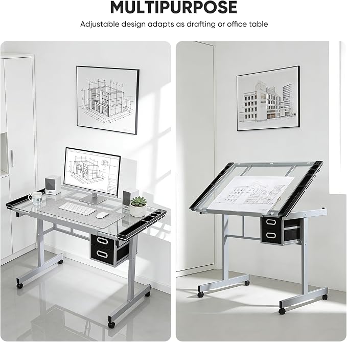 Magshion Professional Drafting Table for Adults Teens, Tilting Glass Tabletop Art Craft Desk Diamond Watercolor Paintings Sketching Work Station for Home Office Reading, Writing, Crafting (Clear)