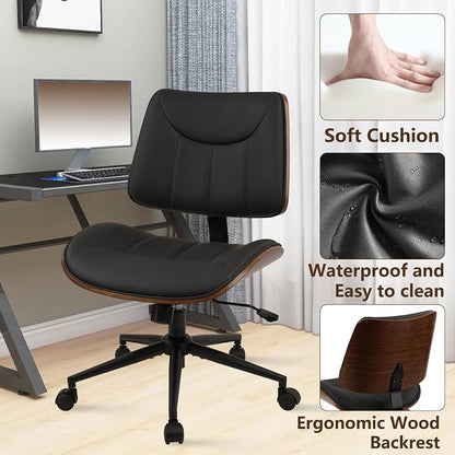 CLATINA Office Chair Armless with Wheels, Mid-Century Modern Walnut Desk Chair, Adjustable Height Reading Chair, PU Leather Mid Back & Swivel Computer Chairs for Home Meeting Room Bedroom, Black(2 PK)