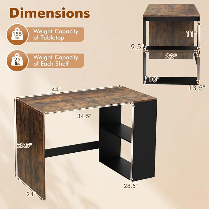 Tangkula Computer Desk, 44" Home Office Desk with 2-Tier Bookshelf, Study Writing Desk, Wooden Laptop Desk for Small Space, PC Workstation for Bedroom & Living Room (Rustic Brown & Black)