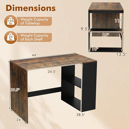 Tangkula Computer Desk, 44" Home Office Desk with 2-Tier Bookshelf, Study Writing Desk, Wooden Laptop Desk for Small Space, PC Workstation for Bedroom & Living Room (Rustic Brown & Black)