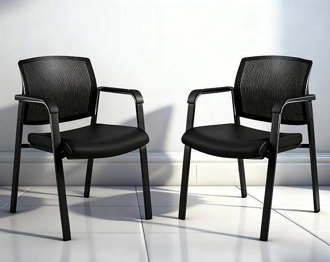 CLATINA Home Office Desk Chair No Wheels,Ergonomic Mesh Mid Back Stacking Arm Chair for Remote Learning,Small Office,Guest Chair,College Apartment (Black, 2 Pack)