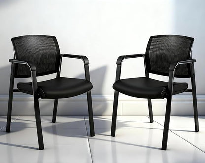 CLATINA Home Office Desk Chair No Wheels,Ergonomic Mesh Mid Back Stacking Arm Chair for Remote Learning,Small Office,Guest Chair,College Apartment (Black, 2 Pack)