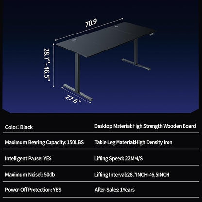 Shintenchi Standing Desk, 71x31 Inch Height Adjustable Electric Sit Stand up Desk, Ergonomic Rising Computer Table, Modern Lift Gaming Desk Workstation for Home Office, Black