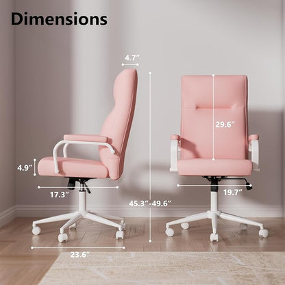 GXJ Pink Desk Chair, High Back Leather Executive Office Chair for Girl and Women, Adjustable Height Computer Desk Chairs with Wheels and Arms