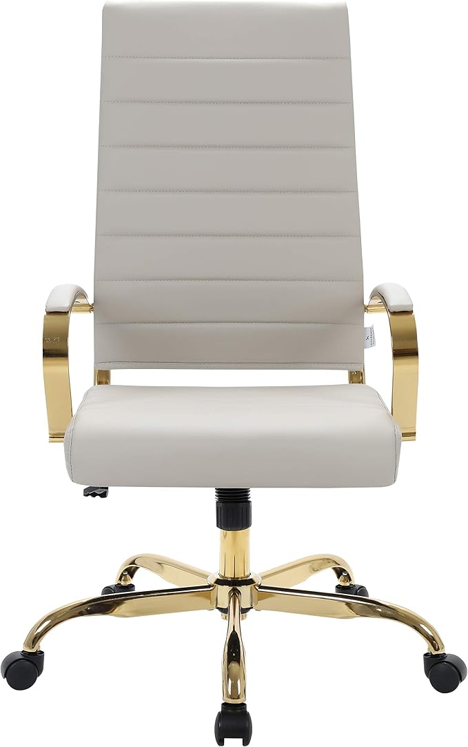 LeisureMod Modern High-Back Leather Office Chair - Swivel & Adjustable Executive Desk Chair with Gold Frame, Ergonomic Design for Home & Office (Tan, Set of 6)