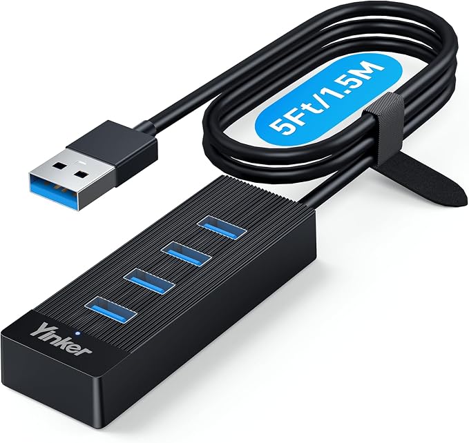 4 Port USB 3.0 Hub 5FT Long Cable, USB Extension Data Cable USB Dock Extender for Desktop PC Laptop, 5Gbps with 5V USB-C Power Supply