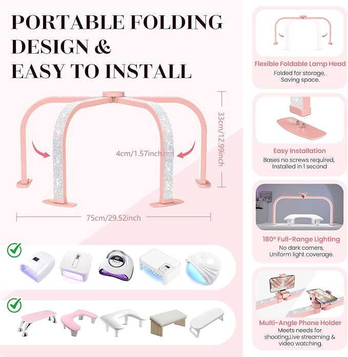 LIONVISON Nail Light Half Moon: 29" Foldable Half Moon Light for Nail Desk - 3 Color Modes & 10 Brightness - Arch LED Nail Desk Lamp with Phone Holder for Manicure Salon (Pink with Diamond)