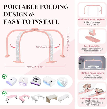 LIONVISON Nail Light Half Moon: 29" Foldable Half Moon Light for Nail Desk - 3 Color Modes & 10 Brightness - Arch LED Nail Desk Lamp with Phone Holder for Manicure Salon (Pink with Diamond)