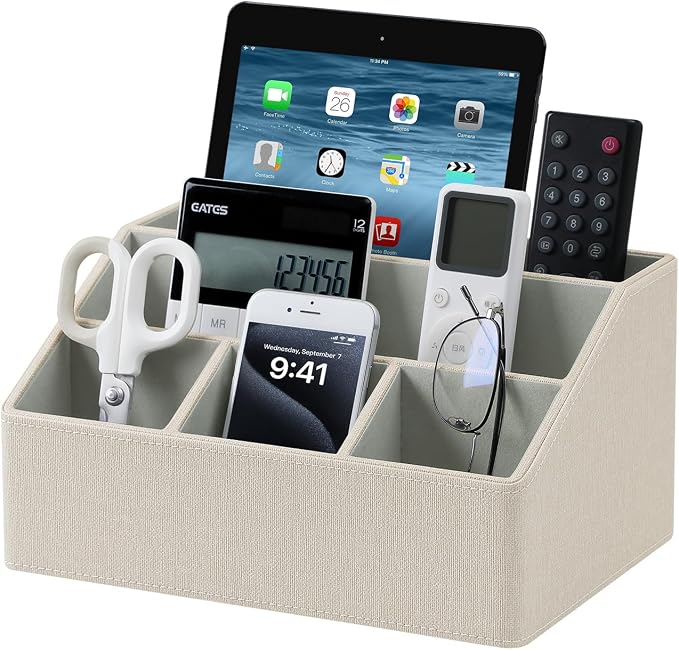 Desk Organizer Caddy with 5 Compartments for Office Art Supplies, PU Leather Nightstand Organizer Pencil Pen Desk Caddy for Home, Desktop TV Remote Control Holder Storage (Linen)