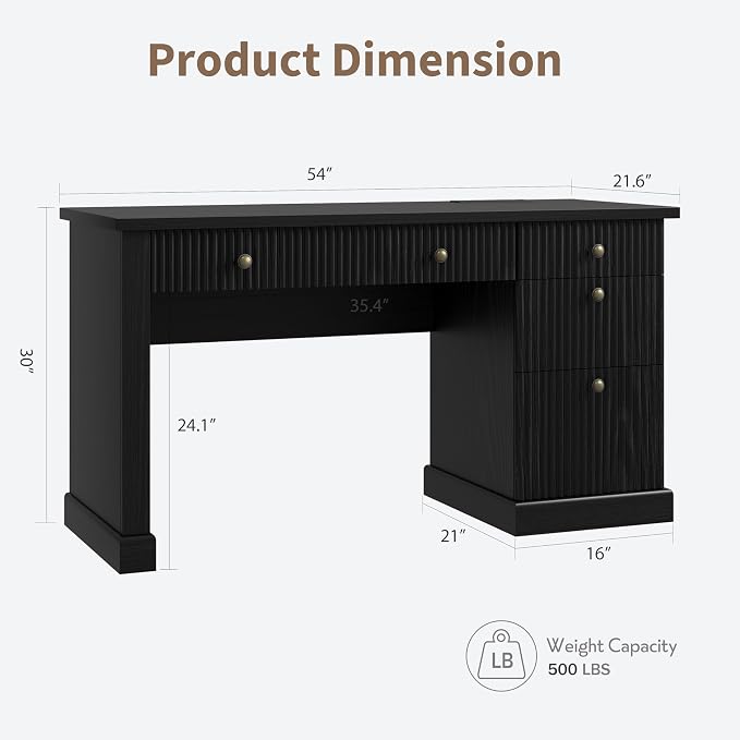 IDEALHOUSE 54" Executive Desk with Fluted Wave Board Design, Home Office Computer Desk with 3 Drawers and Storage Cabinet, Built-in USB Ports & Power Outlets, Modern Writing Table for Bedroom Black