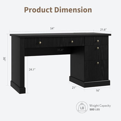IDEALHOUSE 54" Executive Desk with Fluted Wave Board Design, Home Office Computer Desk with 3 Drawers and Storage Cabinet, Built-in USB Ports & Power Outlets, Modern Writing Table for Bedroom Black