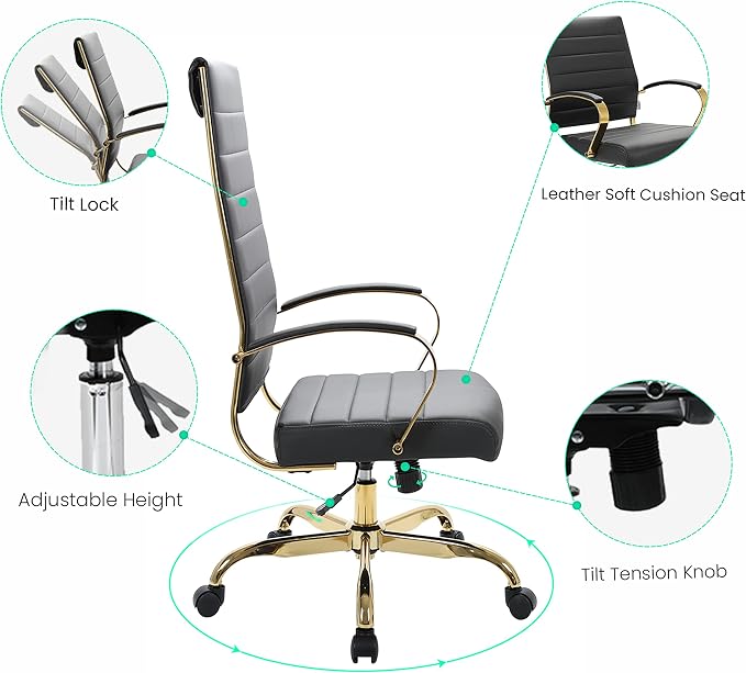 LeisureMod Modern High-Back Leather Office Chair - Swivel & Adjustable Executive Desk Chair with Gold Frame, Ergonomic Design for Home & Office (Black, Single)