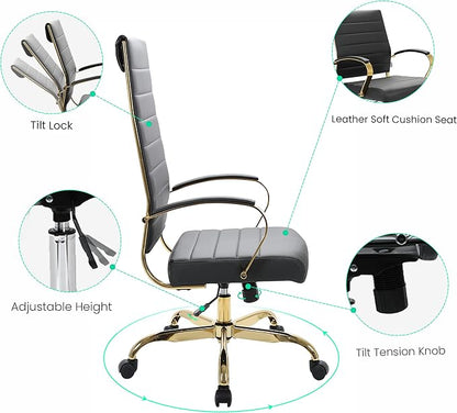 LeisureMod Modern High-Back Leather Office Chair - Swivel & Adjustable Executive Desk Chair with Gold Frame, Ergonomic Design for Home & Office (Black, Single)