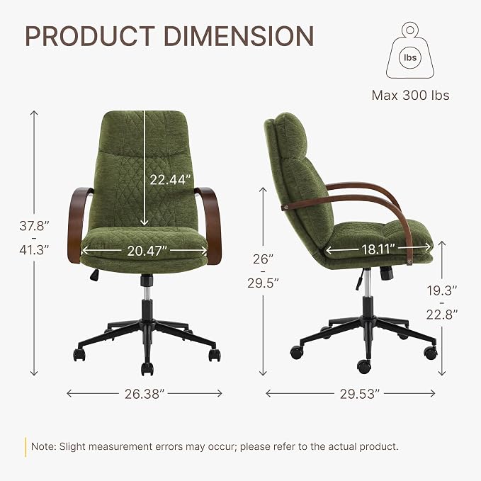 KISLOT Home Office Desk Chair, Ergonomic Office Chair with Lumbar Support, Adjustable Swivel Computer Chair with Wheels, Fabric Executive Task Chair with Wood Arms, Moss Green