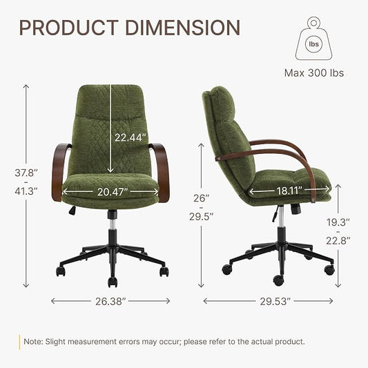 KISLOT Home Office Desk Chair, Ergonomic Office Chair with Lumbar Support, Adjustable Swivel Computer Chair with Wheels, Fabric Executive Task Chair with Wood Arms, Set of 2, Moss Green