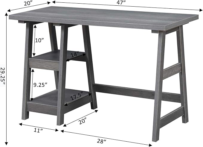 Convenience Concepts Designs2Go Trestle Desk 47" - Modern Desk or Vanity with Shelves, for Office, Dorm, Living Room, Charcoal Gray