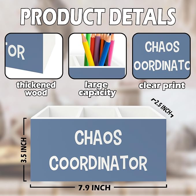 Chaos Coordinator Blue Pen Pencil Holder Organizer for Desk, Thank You Gifts for Women Men Coworkers Boss Leader Manager, Appreciation Gifts Wooden Box Sign for Office Tabletop Decorations