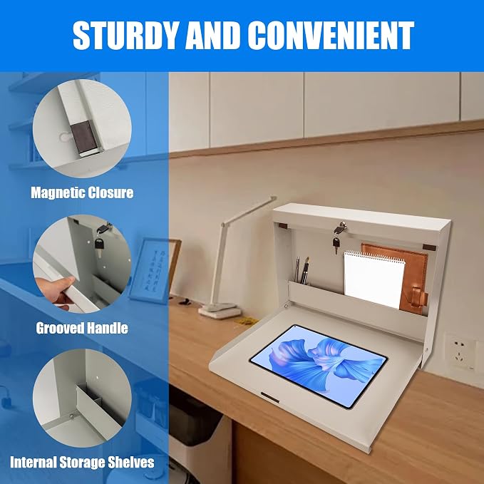 biosp Folding Wall Mounted Desk, Lockable Wall-Mounted Workstation, 50 LBS Capacity, 20''W x 3.38''D x 16.4''H, Murphy Desk, Fold Down Floating Desk with Magnetic Closure for Office Factory, White