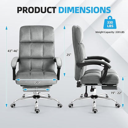 ECOTOUGE Velvet Executive Office Chair with Footrest, Ergonomic Comfy Desk Chair, High Back Computer Chair with Adjustable Tilt Angle, Grey