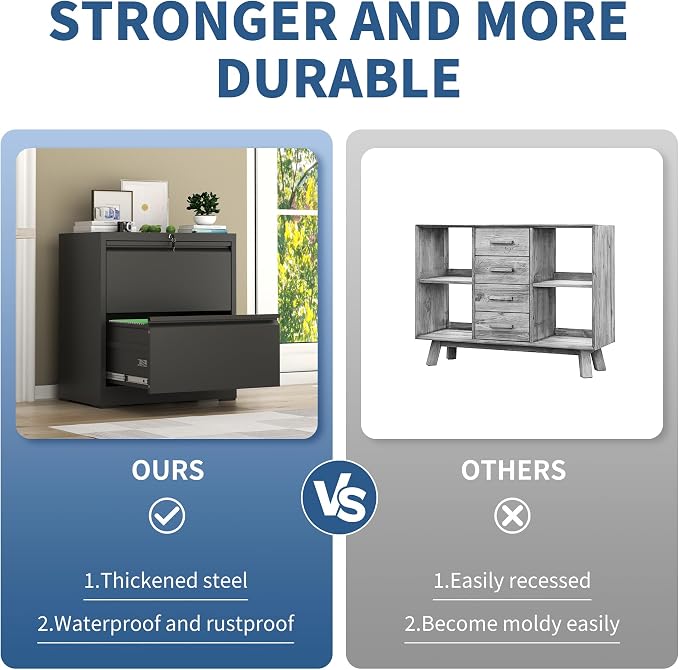 2 Drawer File Cabinet with Lock, Black Metal Lateral Filing Cabinets for Home Office, Heavy Duty Steel Horizontal Locking Storage Cabinet for Legal/Letter/A4 Size File, Assembly Required