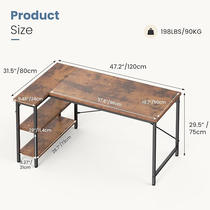 DUMOS 55 Inch L Shaped Gaming Desk Corner Computer Desks Home Office PC Table for Writing Working Study Bedroom with Reversible Storage Shelves Rustic Brown