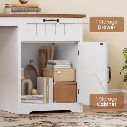 SEDETA Farmhouse L Shaped Desk with Drawers, 63" Office Desk with File Drawers, Wood Corner Computer Desk with Storage, Home Office Desk with Monitor Stand and Storage Cabinet, Walnut and White