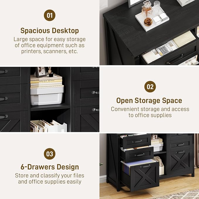 Lateral File Cabinet with 6 Drawers, Farmhouse Filing Cabinet for Letter/A4 Size, Wood File Storage Cabinets Printer Stand with Open Storage Adjustable Shelf for Home Office Cabinets, Rustic Black
