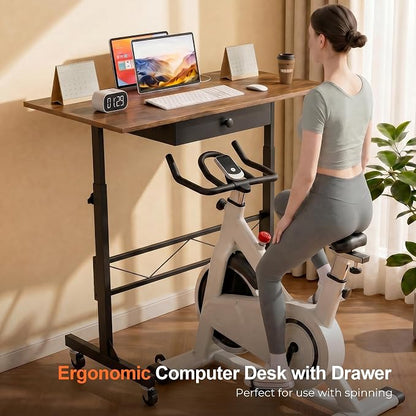 COMHOMA Small Standing Desk with Storage Drawer, Mobile Height Adjustable Rolling Sit Stand Desk with Lockable Wheels 4‑Level Portable Laptop Desk for Small Space Home Office Treadmill Workstation