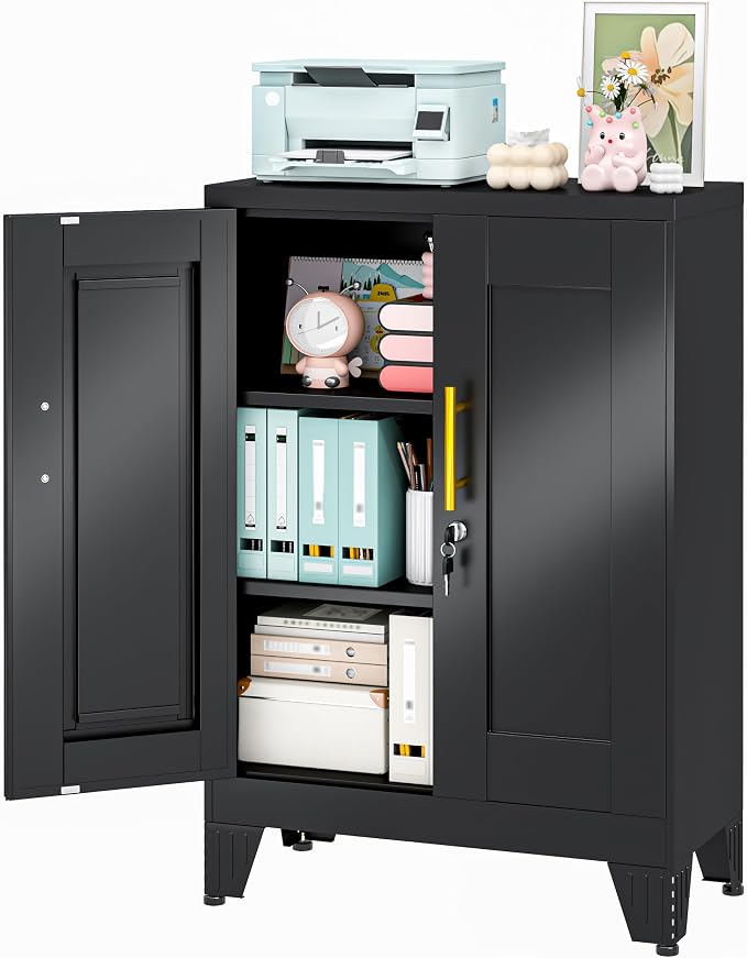 36" Metal Garage Storage Cabinet with Lock,Lockable Office File Cabinet with 2 Doors and 2 Adjustable Shelves,Outdoor Steel Locker Organizer for Home Office,Gym,School,Warehouse(Black)