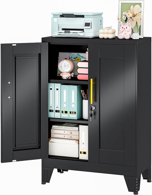 36" Metal Garage Storage Cabinet with Lock,Lockable Office File Cabinet with 2 Doors and 2 Adjustable Shelves,Outdoor Steel Locker Organizer for Home Office,Gym,School,Warehouse(Black)