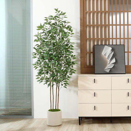 SOGUYI Ficus Artificial Tree 7ft Fake Silk Plant for Home Decor Indoor, Faux Tree in White Imitation Ceramic Planter Fake Floor Plant for Living Room and Home Office Corner Indoor Decor, Set of 1