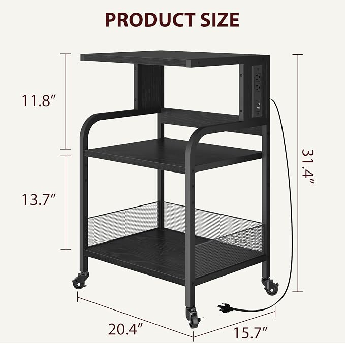 GarveeLife Printer Stand with Power Outlets, 3-Tier Rolling Printer Table with Lockable Wheels, Heavy Duty Printer Cart with Adjustable Shelves, Utility Storage Cart for Home, Office, Black