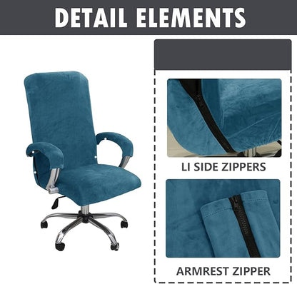 Velvet Plush Office Desk Chair Cover, Peacock Blue, XL | Stretchable, Ergonomic, Cat Proof Protector, For Office Desk Computer Chairs with Wheels & Armrests,Executive Rotating Chairs