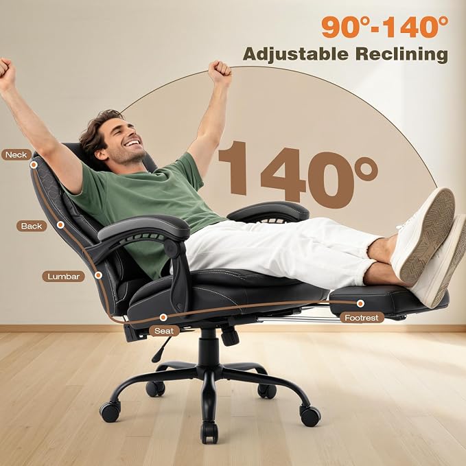 Reclining Ergonomic Office Chair with Footrest, Big Tall Recliner Office Desk Chairs with Lumbar Support, 400lbs Heavy Duty High Back Leather Executive Computer Chair with Wheels, Back Grey