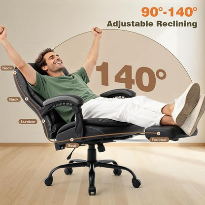 Reclining Ergonomic Office Chair with Footrest, Big Tall Recliner Office Desk Chairs with Lumbar Support, 400lbs Heavy Duty High Back Leather Executive Computer Chair with Wheels, Back Grey