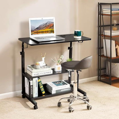 Karl home 31.5" Portable Rolling Desk on Wheels,Height Adjustable Standing Desk with 2 AC Outlets/3 USB Ports,Mobile Laptop Table with Hooks and Storage Shelves for Home Office，Black