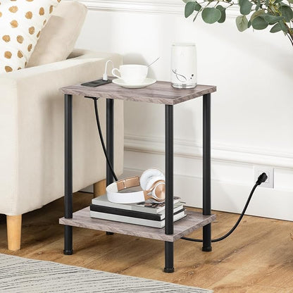 HOOBRO Side Table with Charging Station, Set of 2 End Tables with USB Port and Outlets, Nightstand with 2-Layer Storage Shelves for Small Spaces, Living Room, Bedroom, Greige and Black BG09UBZP201