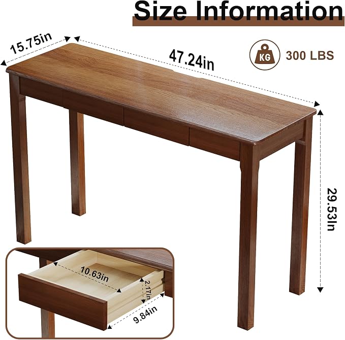 Wood Desk, Solid Wood Writing Table for Home Office, Mid Century Modern Desk with Drawers, Walnut (47inch / 120cm)