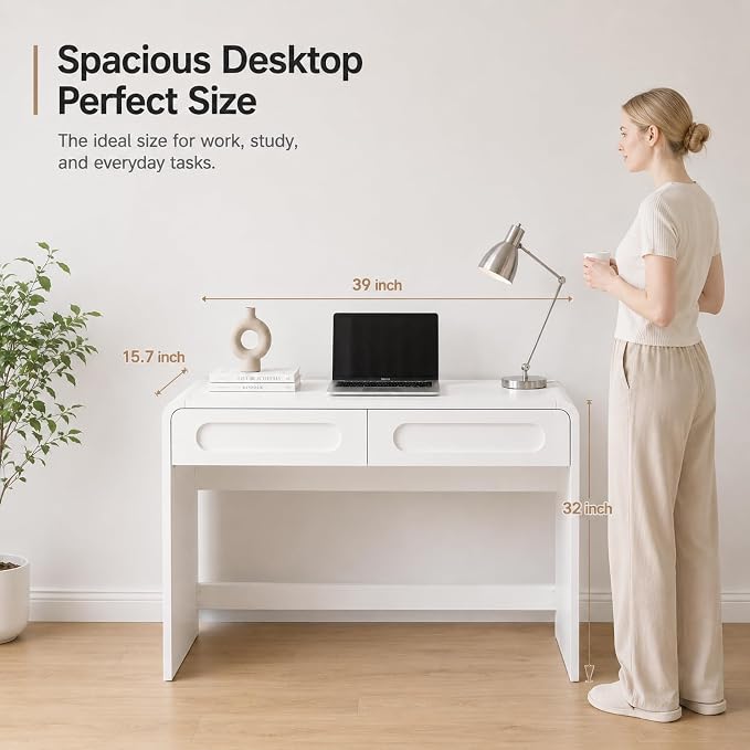 Writing Desk with 2 Drawers, Home Office Computer Desk for Small Spaces | White Study Desk for Bedroom, Compact Workstation Table, Vanity Desk for Apartment and Dorm Room